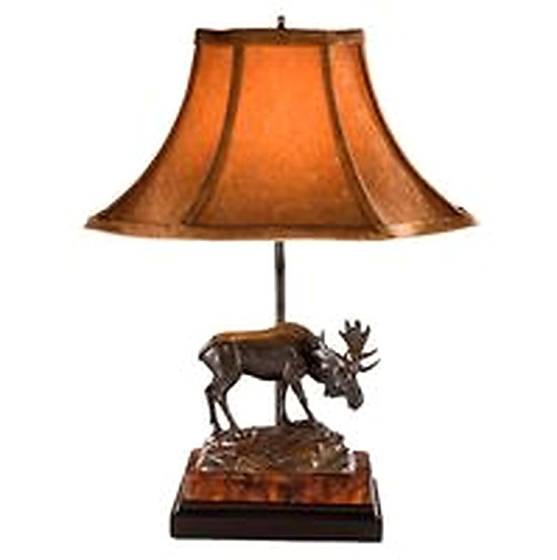 Bronze Moose On Rock Lamp With Linen Shade